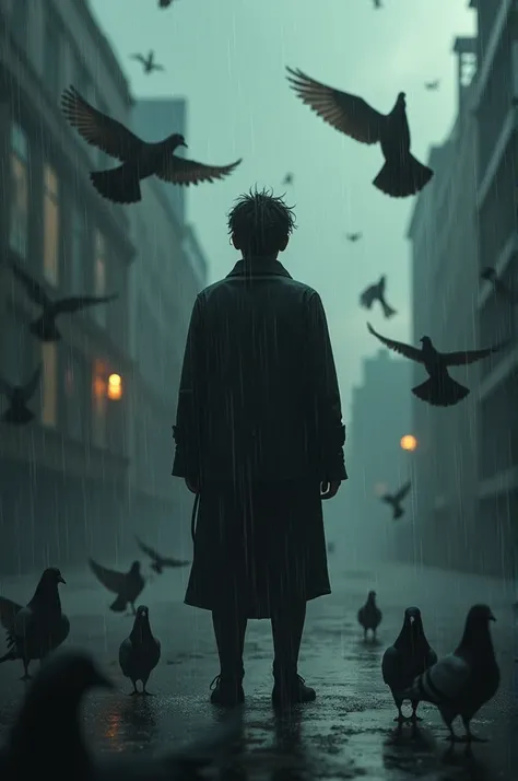 Person from behind in the rain with many pigeons flying around 