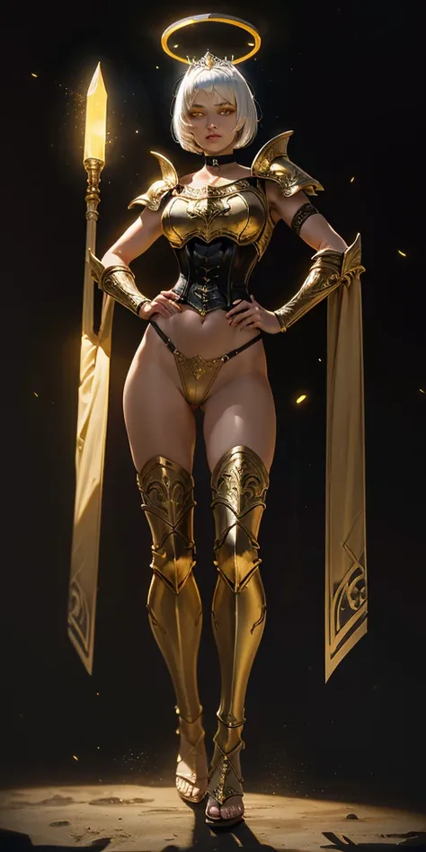 (black background) paladin lady in ornate golden armor, pauldrons, breastplate, corset, glowing halo, short hair, bob hair style, white silver hair, yellow glowing eyes, bright pupils, eye focus, red cape, particles, light beam, chromatic aberration, full ...