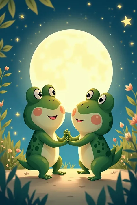 Make a chibli drawing style of two frogs in love dancing, one small and one big, at night in a landscape under the full moon 