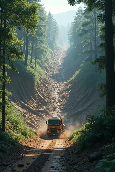 severe landslide, car cart is blocked, the road is blocked, forest