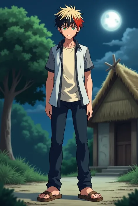 a fantasy anime boy with short and tidy "some blonde and some black hair with a little much red hair" mixed . White shirt with gray short sleeves and black edges, cream colored t-shirt underneath. The buttons are closed. Standing in front of the door of a ...