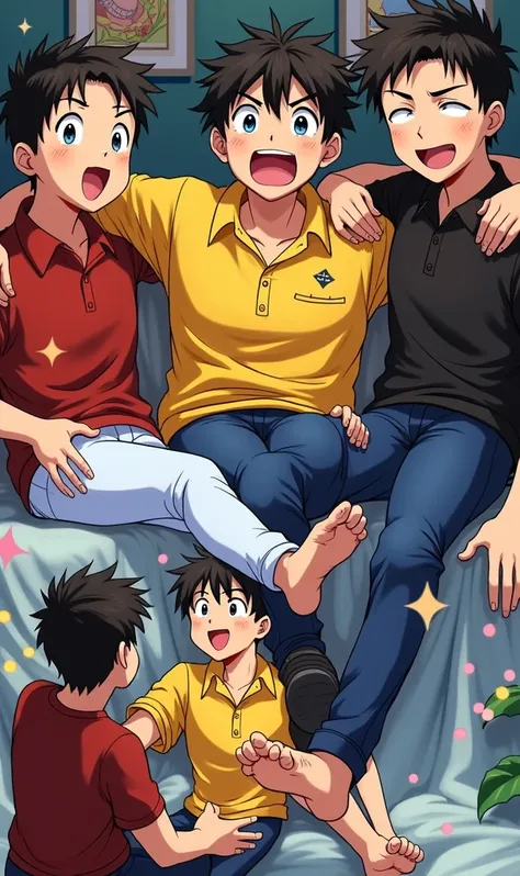 Licking male feet with happy faces of male anime people 