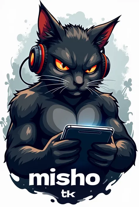 Can you create me a LOGO of a tough looking black GAMER cat WHO HAS HEADPHONES AND IS PLAYING WITH HIS TABLET?.
Let the words be below ("MISHO TK")