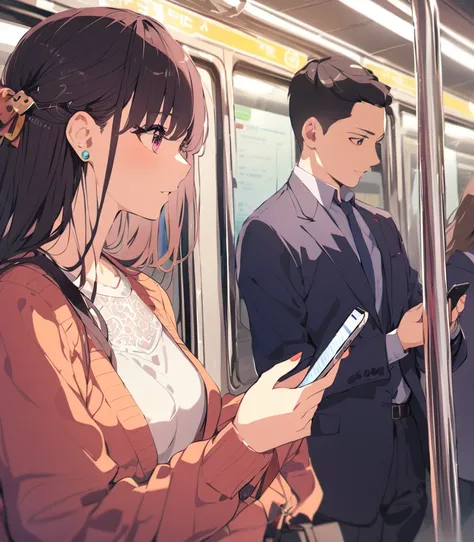 Woman looking at smartphone on subway,