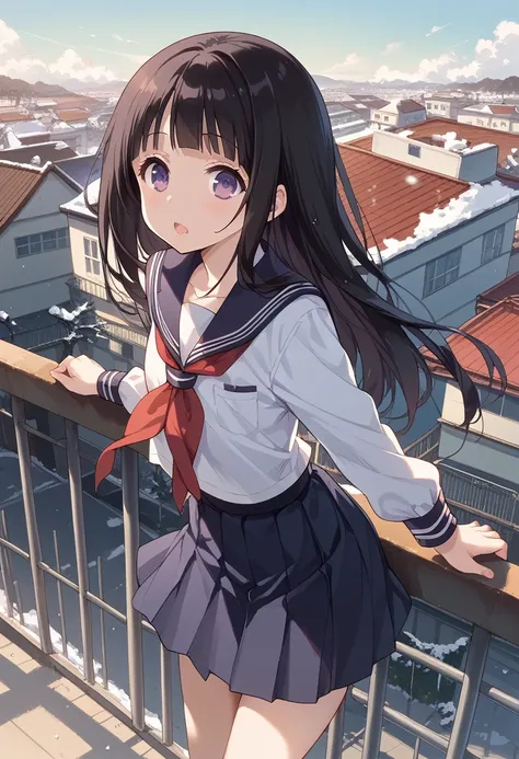 chitanda eru / chitanda el (black hair, dark violet eyes, pale skin) is wearing a school uniform, break, standing on top of the ...