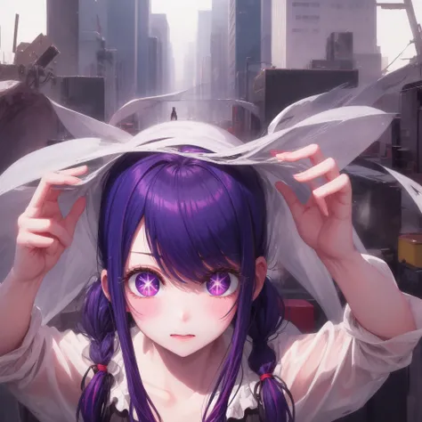 1 girl, alone, high quality, big tits, beautiful, slender, shoot from above BREAK Sparkling_eye, Purple Hair, Long Hair, pigtails, Star-shaped pupils, +_+, Ninja, embarrassing, blush