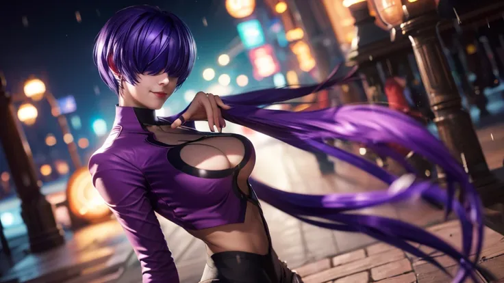 (at night), alone, in a video game scene, a background of a beautiful city during the day raining, standing at attention, purple hair, pink clothes ((purple hair)), 1 girl, alone, 20 years old, woman young, perfect and beautiful hands with perfect fingers,...