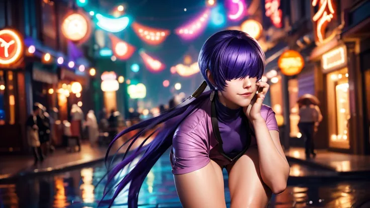 (at night), alone, in a video game scene, a background of a beautiful city during the day raining, standing at attention, purple hair, pink clothes ((purple hair)), 1 girl, alone, 20 years old, woman young, perfect and beautiful hands with perfect fingers,...