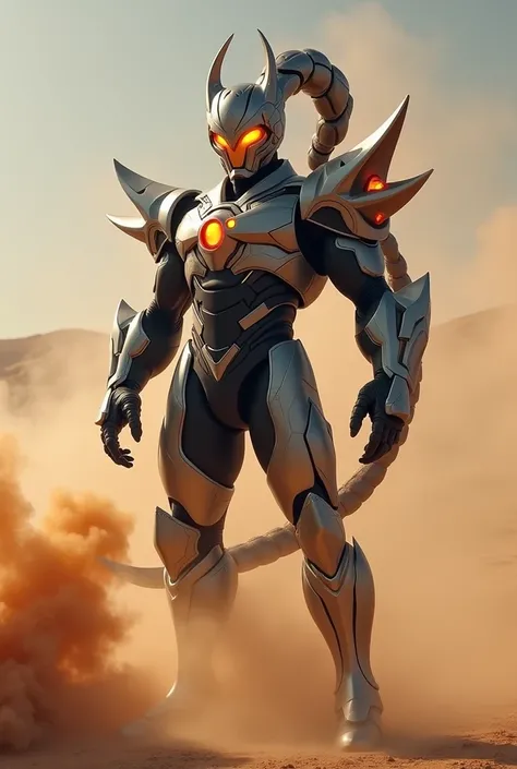 Create superhero with suit full body armour look alike kamen rider with scorpion element smoke effect background at desert