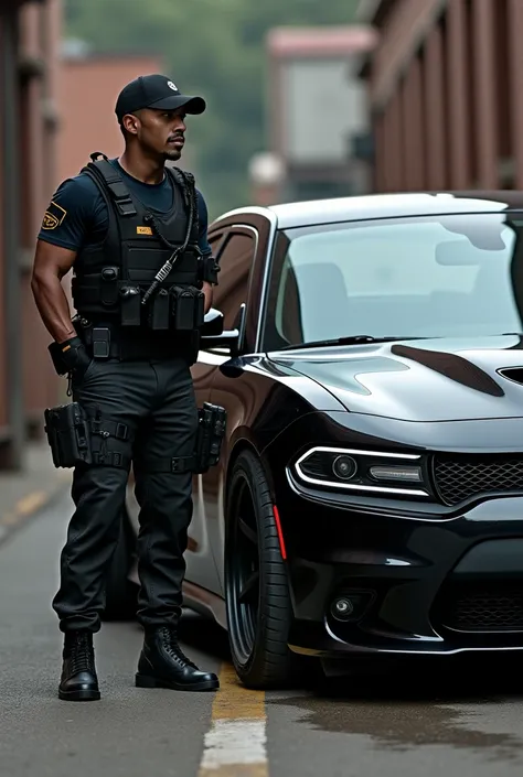 A 2018 model black Charger tuned to the top with a man dressed in tactical pants and a black cap with a bulletproof vest and radios 




