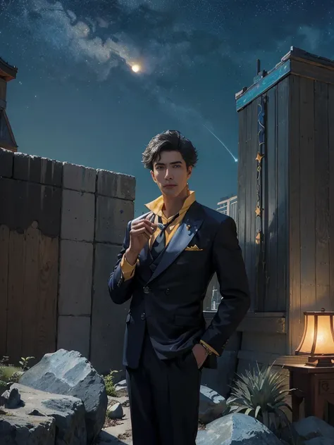 (masterpiece、top-quality、top-quality、Detailed and complex、official art、aesthetically pleasing:1.3)、(Spike spiegel)(Standing on a rooftop) (realistic art:1.3) Black hair、blue suit, yellow shirt with tie. Moon and stars background. 