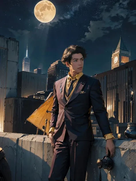 (masterpiece、top-quality、top-quality、Detailed and complex、official art、aesthetically pleasing:1.3)、(Spike spiegel)(Standing on a rooftop) (realistic art:1.3) Black hair、blue suit, yellow shirt with tie. Moon and stars background. 