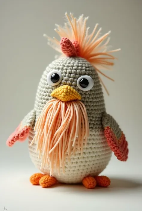 an amigurumi of a bearded fish hen