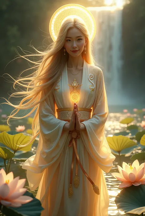 Upper body photo、smile、waterfall、lake、Beauty、The body is facing forward、looking at the camera、Hands folded in front of you、God with a golden background々It emits a bright light、
vivid、kimono、Decorations、Long Hair、Wind、Lotus flower、White Snake、Halo、Digital A...