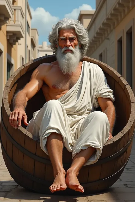  Front view , Full-body,  looking at viewer, maybe  BC 4 century  ,sole,  philosopher, Greek man, in big wooden barrel ,  lying barrel ,  in an ancient Greek city, 70 years-old, handsome,( wave perm , white  hair , Serious, ), normal body,  ((An ancient Gr...