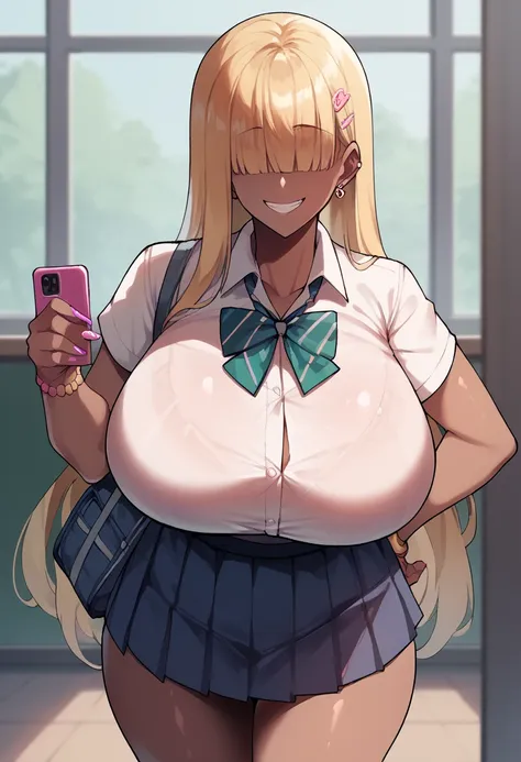 blonde, darkskin, gyaru, sly smile, huge breasts, school clothes, school uniform, bangs over eyes