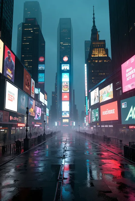 Photographic grade，Movie quality，Game CG wallpaper，Cyber Times Square in New York City in the rain，Deserted streets