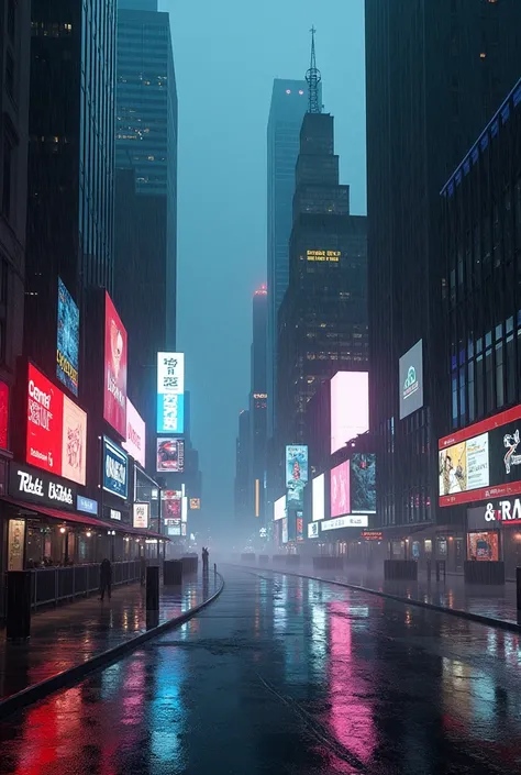 Photographic grade，Movie quality，CG Wallpaper，Cyber Times Square in New York City in the rain，Deserted streets