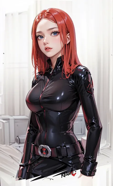 The image depicts Black Widow. She is illustrated with bright red, shoulder-length hair and blue eyes, and is clad in a sleek skin-tight shiny black latex bodysuit with a black silver zipper running down the front. The suit is complemented by her shiny iro...