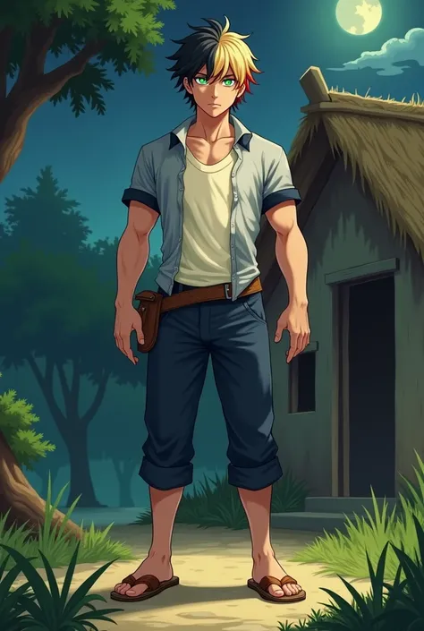 a fantasy anime boy with short and tidy "some blonde and some black hair with a little much red hair" mixed . White shirt with gray short sleeves and black edges, cream colored t-shirt underneath. The buttons are closed. Standing in front of the door of a ...