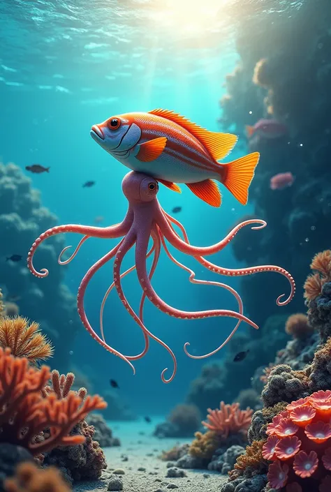 Create a realistic image of a fish and an octopus