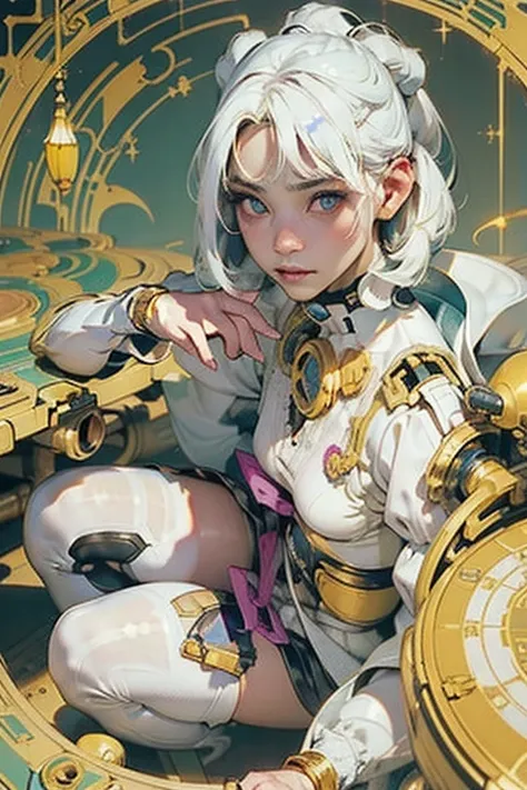 (High resolution), (Very delicate), (clear), Realistic，((A girl with white hair and golden inner color)).((cyber punk)），face，Skin realism、A fusion of Japanese style and the near future、Dark Eyes、Astrology
