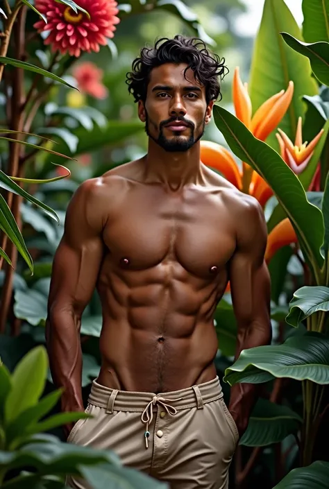 A fully nude Brazilian man in a lush tropical garden, with a close-up capturing the harmonious beauty between her legs and the natural flowers, showing off your natural charm and outgoing personality.