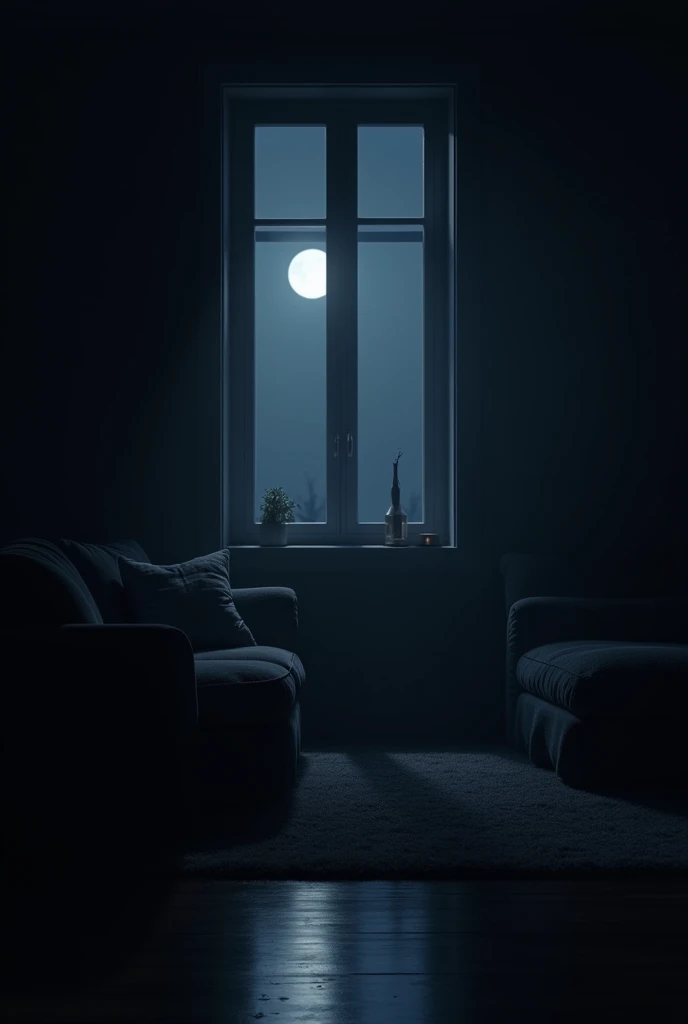 Create a living room, at night with all the lights off, in total darkness and only a small thread of moonlight illuminating a small part of the environment