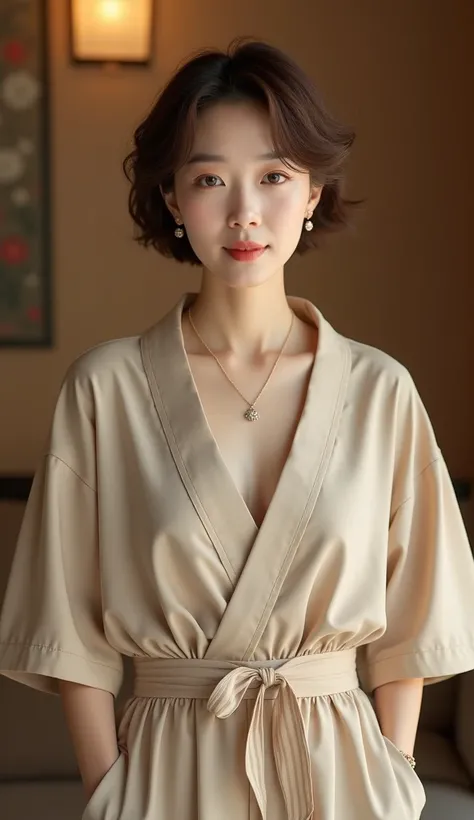 Highest quality, Very detailed, masterpiece, 1 person,Japanese women,(((Perfect female body))),Very beautiful face, Very beautiful body,Gentle expression, Very beautiful eyes,(Perfect Makeup:1.1),Big Breasts,40s、short hair、Brown Hair:1.3, Big Breasts、Soft ...