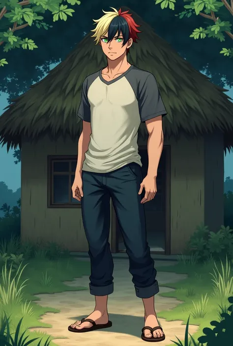 a fantasy anime boy with short and tidy "some blonde and some black hair with a little much red hair" mixed . White shirt with gray short sleeves and black edges, cream colored t-shirt underneath. The buttons are closed. Standing in front of the door of a ...