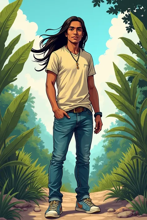 Young man with indigenous skin and long hair in casual clothing. art Comics