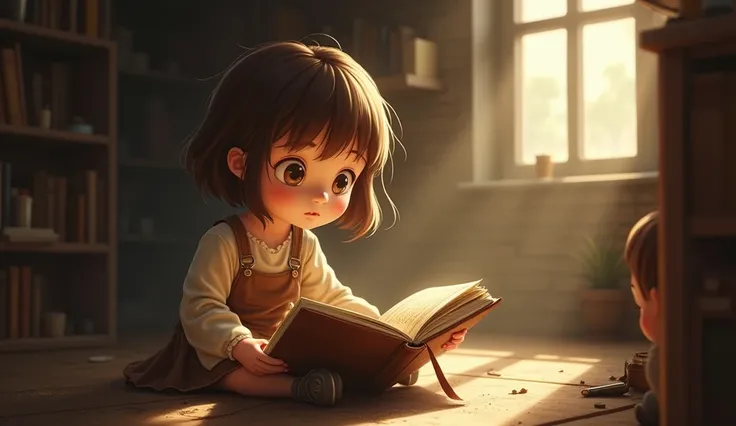 /imagine "A curious young girl with brown hair, wearing simple clothes, discovering an old dusty diary in a sunlit attic. Shadows in the background hint at a mysterious and hidden story waiting to be uncovered."