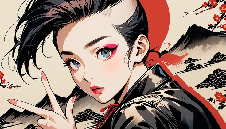 (((Ink Painting))), (((from above))), (((1 female))), (((Leather jacket with Japanese patterns))), (((Mohawk))), (((Very flashy makeup))), (((Finger guns))), Japanese style headphones, face close-up, front view, Japan人の美少女, Black Hair, Delicate and precise...