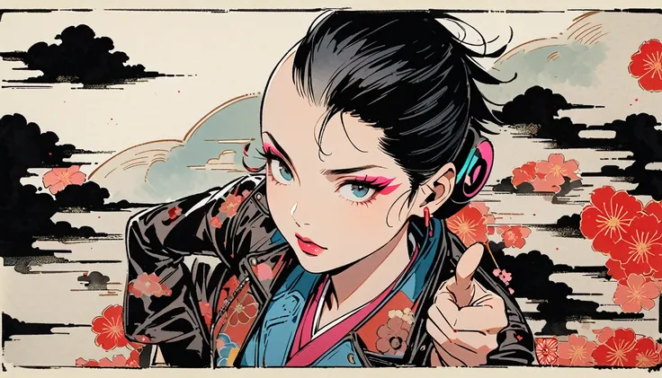 (((Ink Painting))), (((from above))), (((1 female))), (((Leather jacket with Japanese patterns))), (((Mohawk))), (((Very flashy makeup))), (((Finger guns))), Japanese style headphones, face close-up, front view, Japan人の美少女, Black Hair, Delicate and precise...