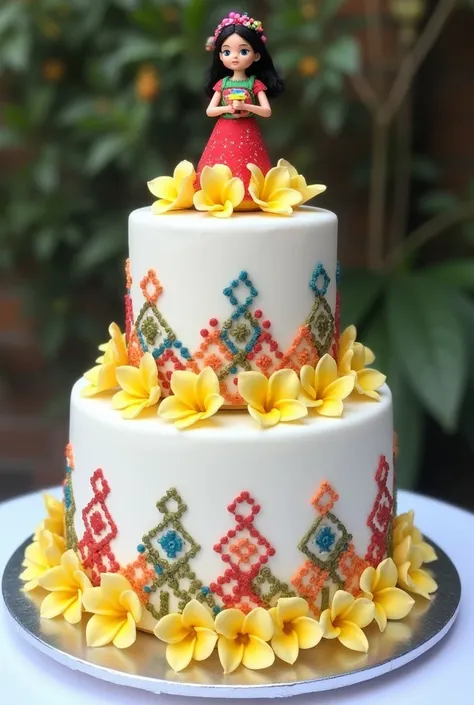 Imagine a two-tier cake, completely white, with a smooth and elegant finish. At the top a typical doll and at the base of each floor sacuanjoche flowers, There are braids that imitate the typical ornaments of Nicaraguan folklore dresses., with bright color...