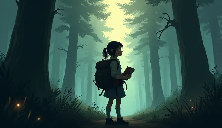 /imagine "A determined young girl, with a backpack and an old diary in her hands, standing at the dark and mysterious edge of a towering forest. The scene shows her bravery as she prepares to enter, with tall trees and a foreboding atmosphere."