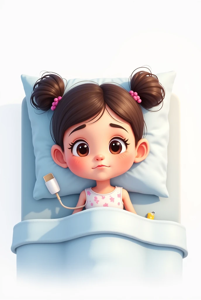 a nine-year-old female child admitted to the hospital bed, leave the image with a white background, and make it into a cartoon