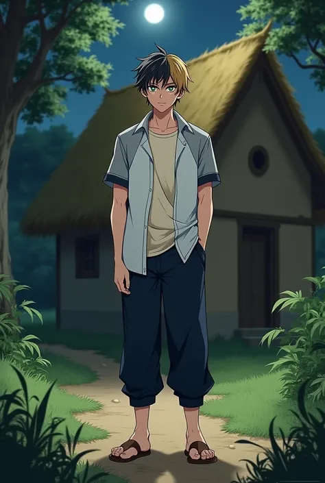 a fantasy anime boy with short and tidy "some blonde and some black hair with a little much red hair" mixed . White shirt with gray short sleeves and black edges, cream colored t-shirt underneath. The buttons are closed. Standing in front of the door of a ...