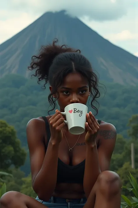 A dark-skinned girl drinking a cup of coffee sitting in front of the Arenal Volcano in Costa Rica She has a tattoo that says "Joscelyn" and the coffee mug has the name Bey written on it and a heart emoji next to it on the mug