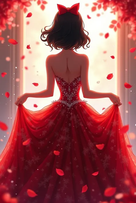 Anime-style quinceanera silhouette from behind, With a red leafy dress with silver sparkles and glitter, medium-short black hair loose with waves and a red bow, hands raising the dress throwing rose petals