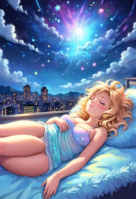 A fantasy masterpiece of a beautiful blonde woman with big messy hair, sleeping on a fluffy colorful cloud, above a small tranquil cityscape at night, colorful stardust, twinkling stars, glowing moon, fantasy art style,  cartoon vibrant, cute detailed digi...