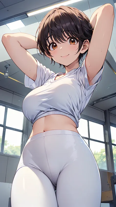 16K、masterpiece、High resolution、((Shizuku Oikawa))、Very large breasts、(((White short-sleeved sporty shirt)、((White sports leggings))、((Place your arms behind your head))、A cheerful smile、smile、Angle from below、、Sweating profusely、Bra is visible、School gym