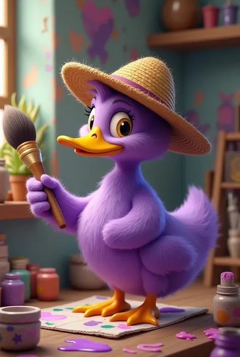 30 year old male duck, light purple in colour, painter by profession, of Anatomy attached with adorable yellow eyes, with his palette of colors and straw-colored huaso hat, fucking artistic workshop, and a large brush held by its wing