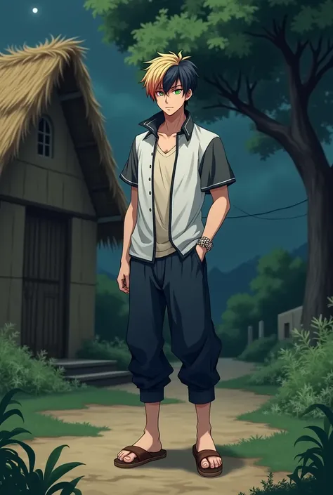 a fantasy anime boy with short and tidy "some blonde and some black hair with a little much red hair" mixed . White shirt with gray short sleeves and black edges, cream colored t-shirt underneath. The buttons are closed. Standing in front of the door of a ...