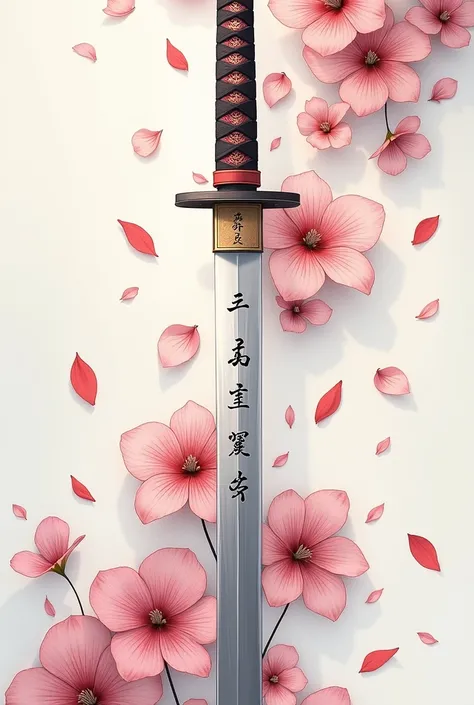 A drawing of a katana with a legend written on the blade of the sword, Valentina&#39;s values, Loyalty, love, force, freedom and with flowers of rights and petals flying