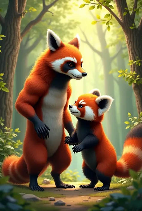 A red raccoon with a big chest next to a red panda
