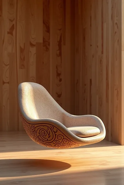 An ergonomic magnetic levitation floating chair made of renewable wood and plastic materials with pre-Columbian patterns with a holographic panel to control the house. Futuristic and wood colors.