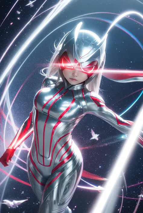 From within the vortex of light、Enter with your fist raised、A female alien with a silver body and red lines、Female Ultraman、The body is transparent