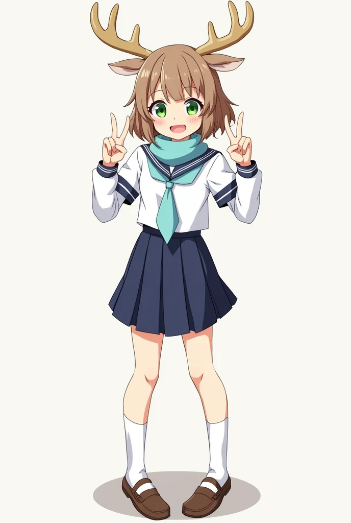 A young anime girl with short, light brown hair styled in a bob cut. She has large, expressive green eyes and a cheerful expression, with her mouth slightly open in a smile. She wears a traditional Japanese school uniform consisting of a white sailor-style...