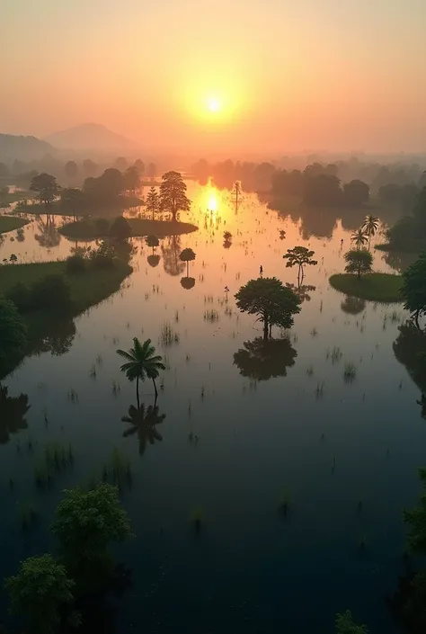 Sunrising on flooded areas of Bangladesh in early morning drone shots 